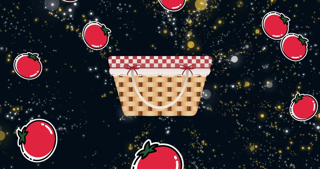 Whimsical picnic hamper and tomatoes on cosmic background