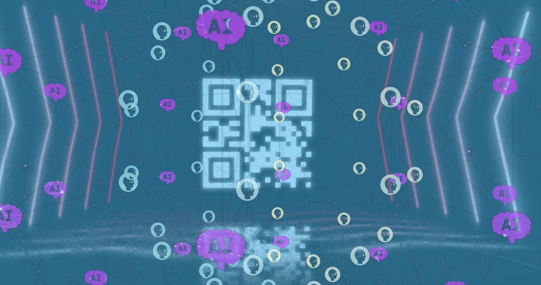 Futuristic Virtual Space with Digital QR Code and AI Icons