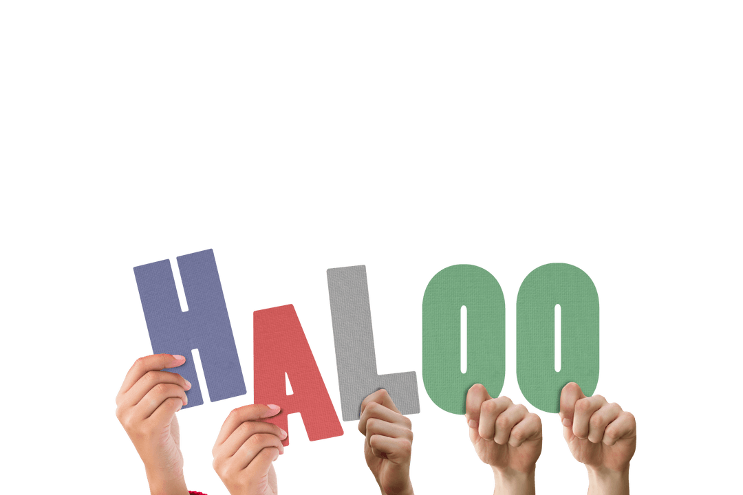 Hands Holding 'Haloo' Text on Transparent Background