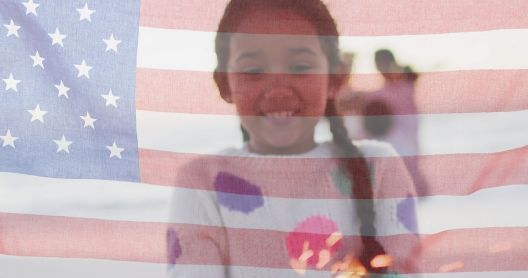Smiling Girl Behind Translucent American Flag
