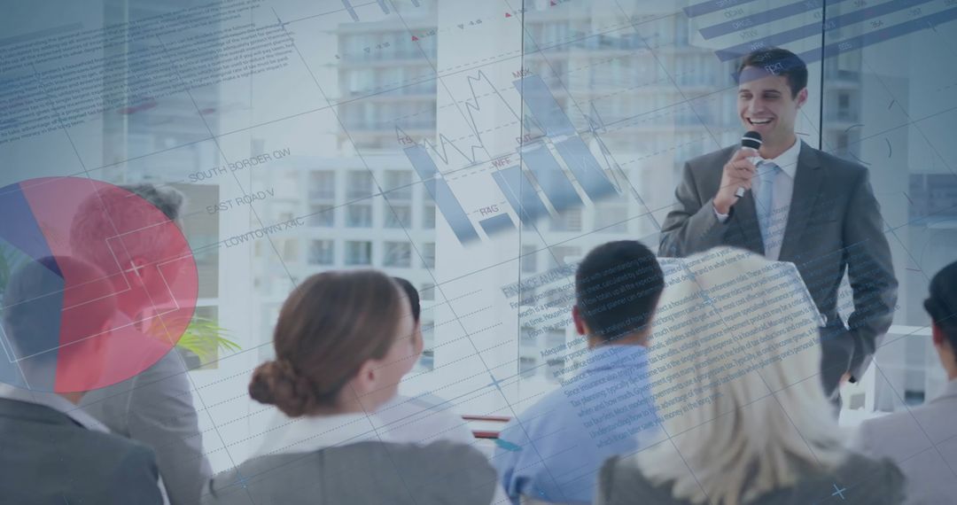 Businessman Presenting at Conference with Infographic Overlay