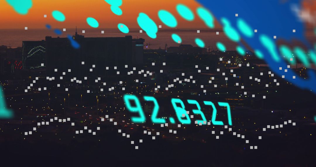 Glowing Data Flow Over Cityscape with Number Overlay