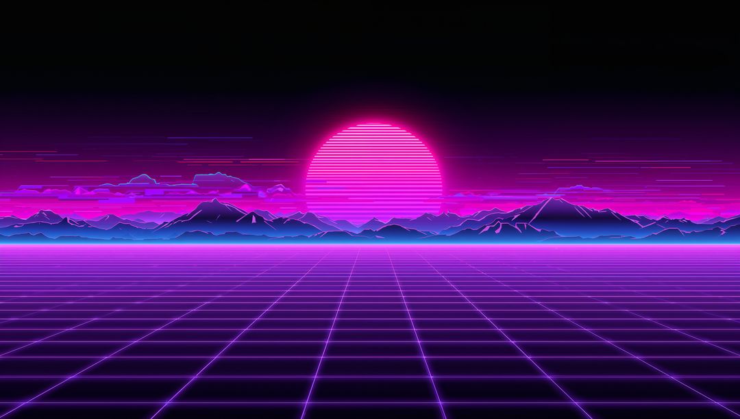 Neon Sun Setting Over Retro Grid Horizon - 80s Synthwave Cyberpunk Landscape