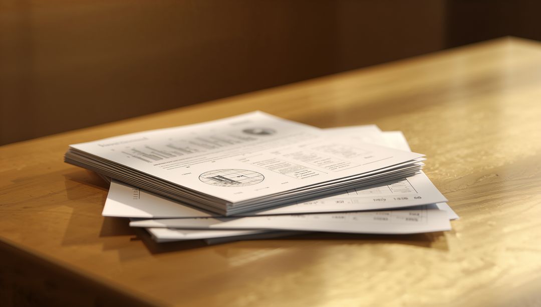 Displaying stacked business reports and loose forms on polished wooden desk in warm light