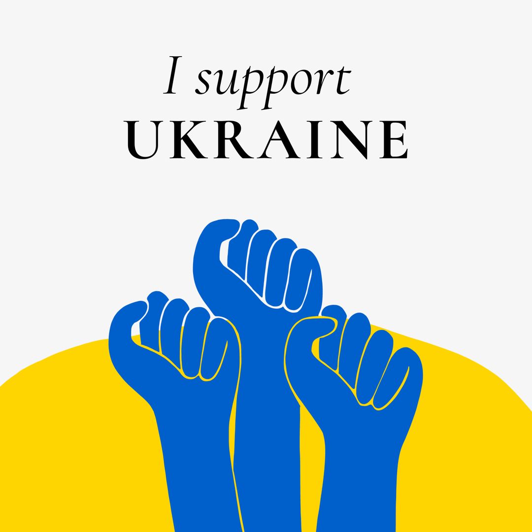 Hands Raised in Solidarity with Support Ukraine Text