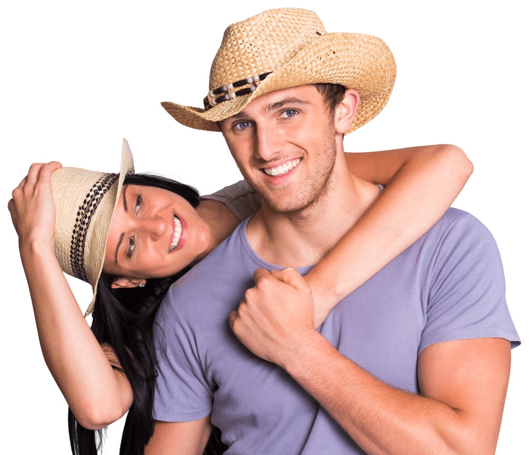 Happy Couple in Transparent Background Wearing Straw Hats