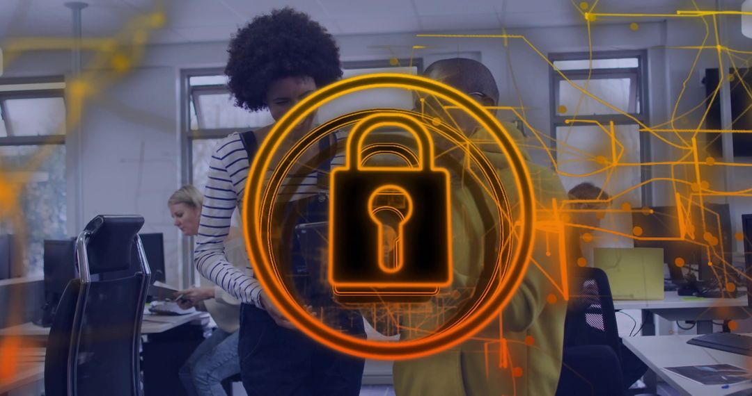 Cybersecurity Professionals Analyzing Holographic Padlock in Office