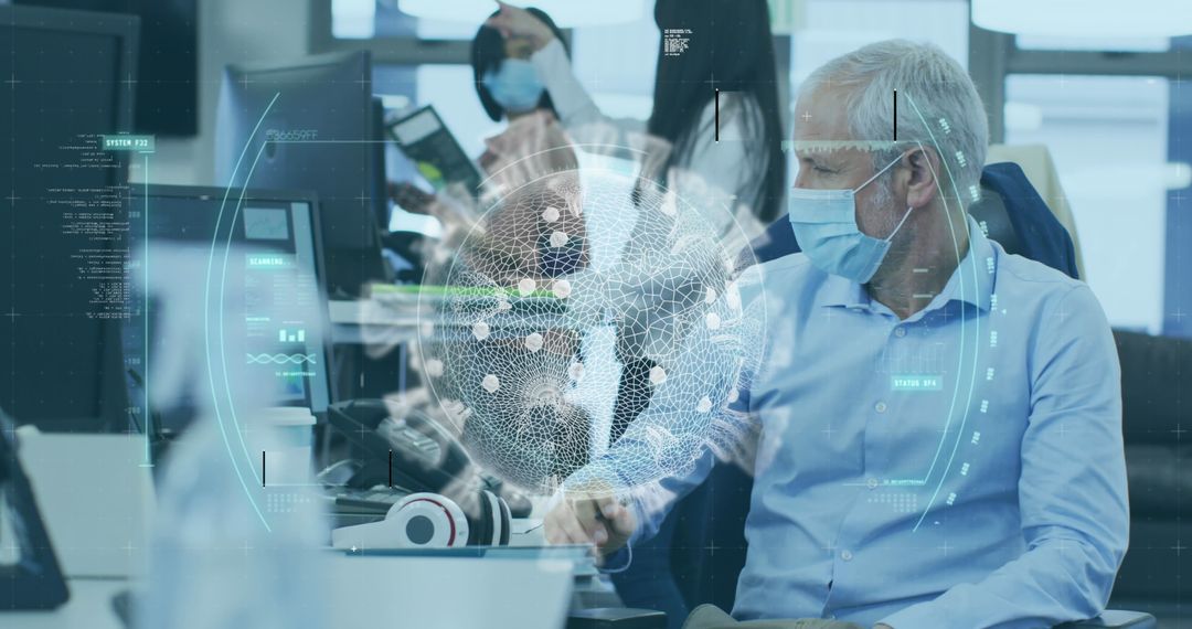 Colleagues in Modern Office with Digital Interface and Masks