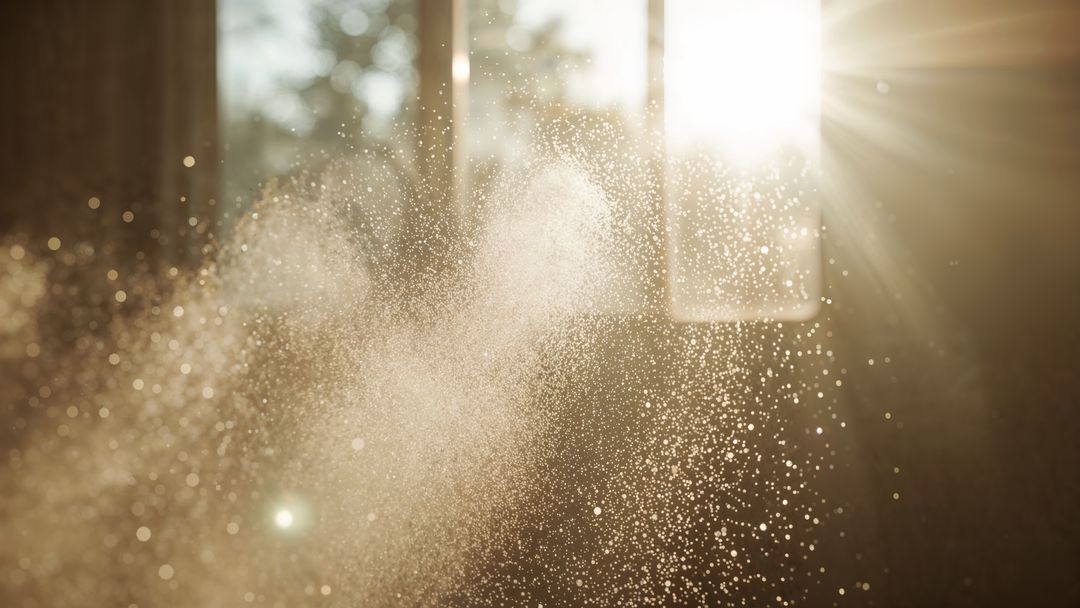 Sunlit milk powder particles floating in air by open window of room