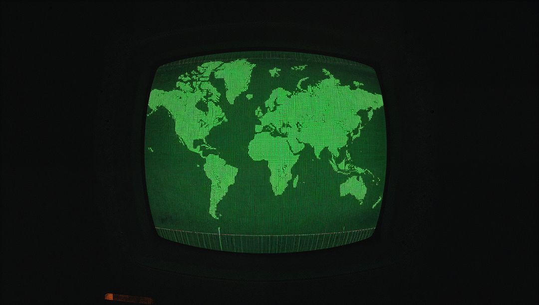 Retro CRT Monitor Presenting Pixelated World Map in Dark Console Room