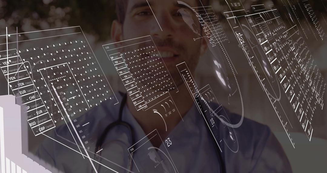 Doctor in Scrubs Analyzing Digital Currency Data with Stethoscope
