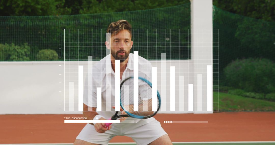 Focused Tennis Player Analyzing Performance with Data Overlay