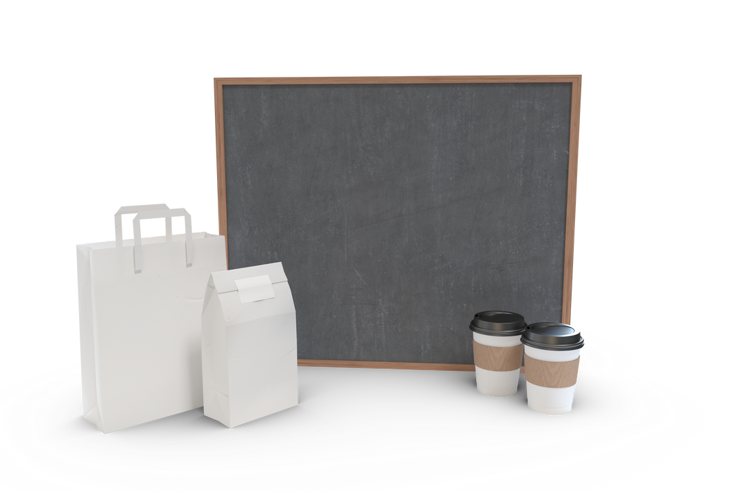 Transparent Blackboard With Takeaway Cups and Bags Mockup, Design Background - Download Free Stock Images Pikwizard.com