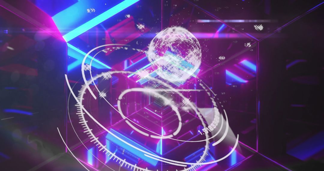 Futuristic Holographic Globe in Neon Hexagon Tunnel