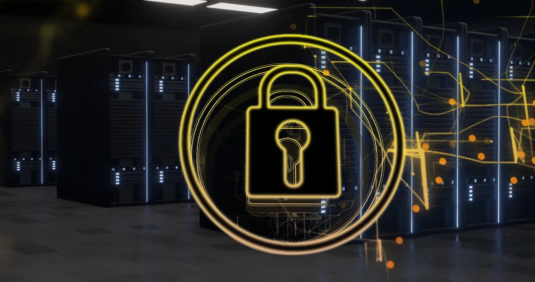 Glowing Padlock Overlay in Server Room Symbolizing Cybersecurity