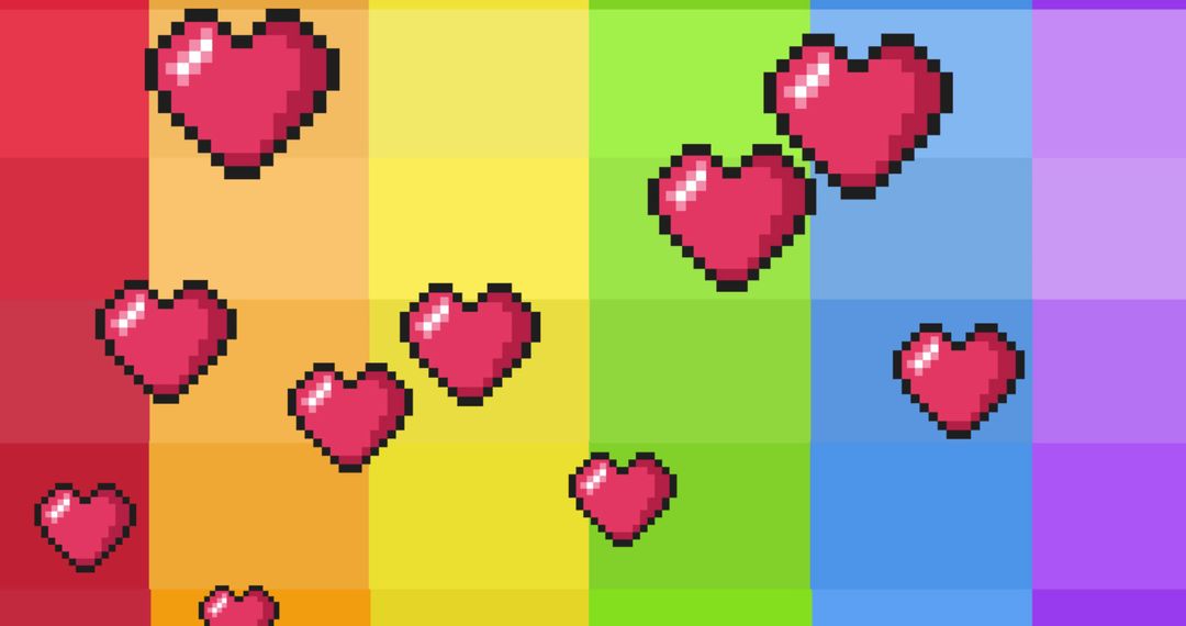 Pixelated Hearts on Rainbow Background Celebrating Diversity