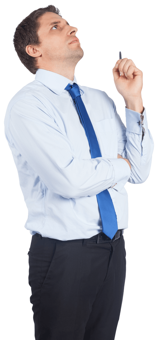 Focused Caucasian Businessman Looking Up with Serious Expression on Transparent Background