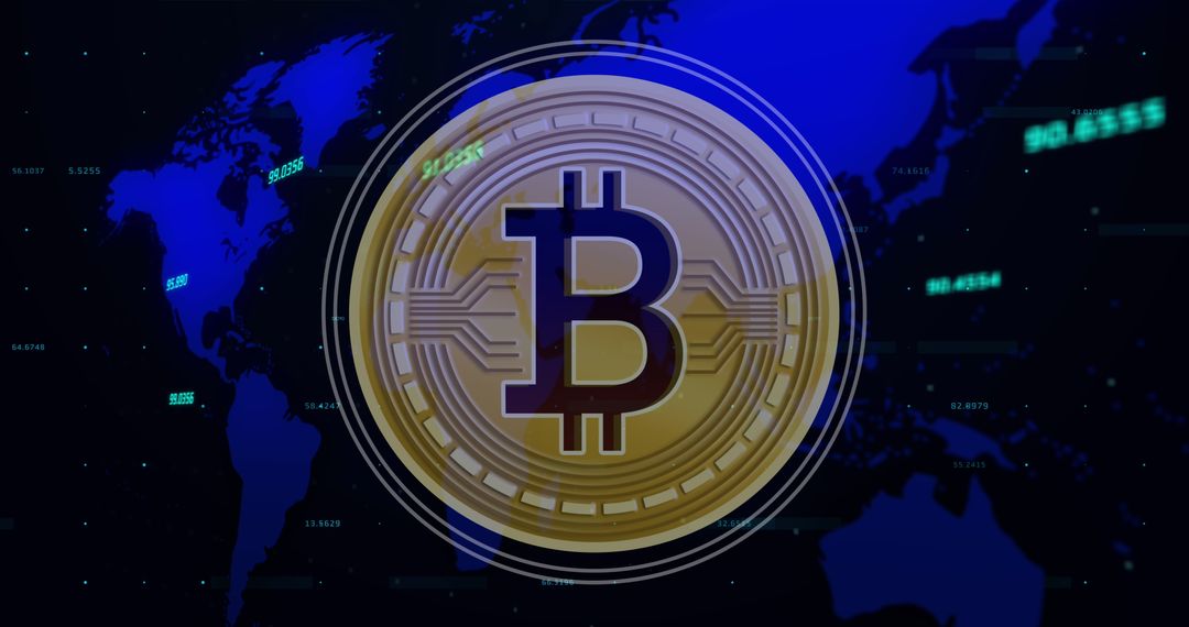 Bitcoin Symbol Overlapping Digital World Map in Globally Economic Theme