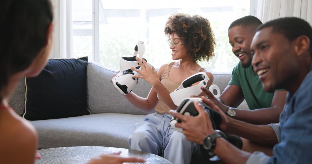 Friends Using VR Headsets for a Fun Gathering at Home