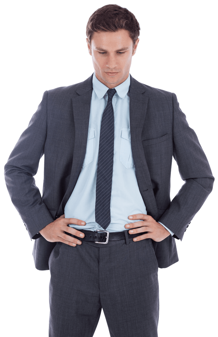 Serious Businessman in Suit with Hands on Hips on Transparent Background
