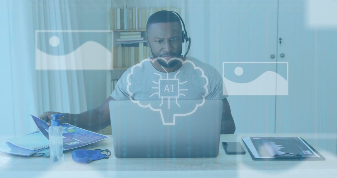 AI Data Processing by Concentrated Businessman in Home Office