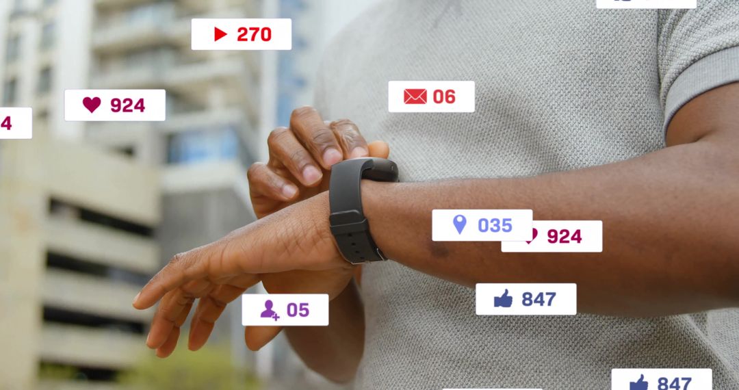 Social Media Engagement Overlaid on Smartwatch User in Urban Setting