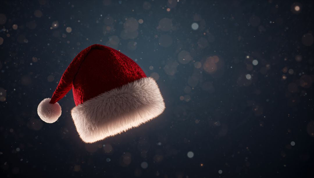 Floating Santa hat glowing with rim light over festive bokeh and falling particles