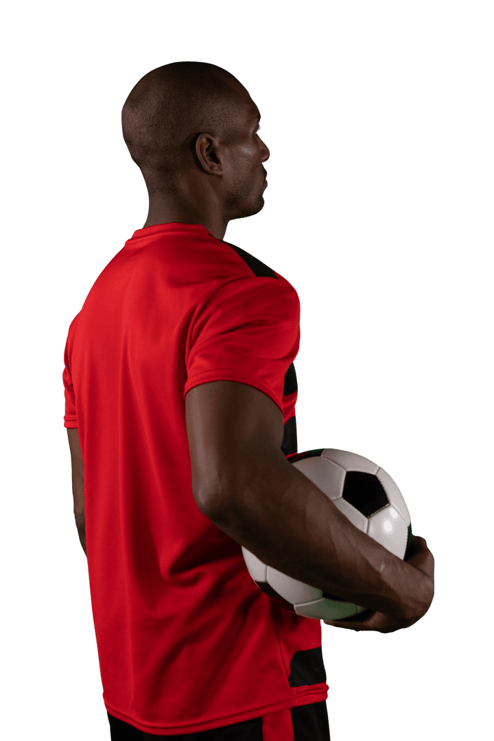 Transparent Image of Soccer Player Holding Ball in Red Jersey