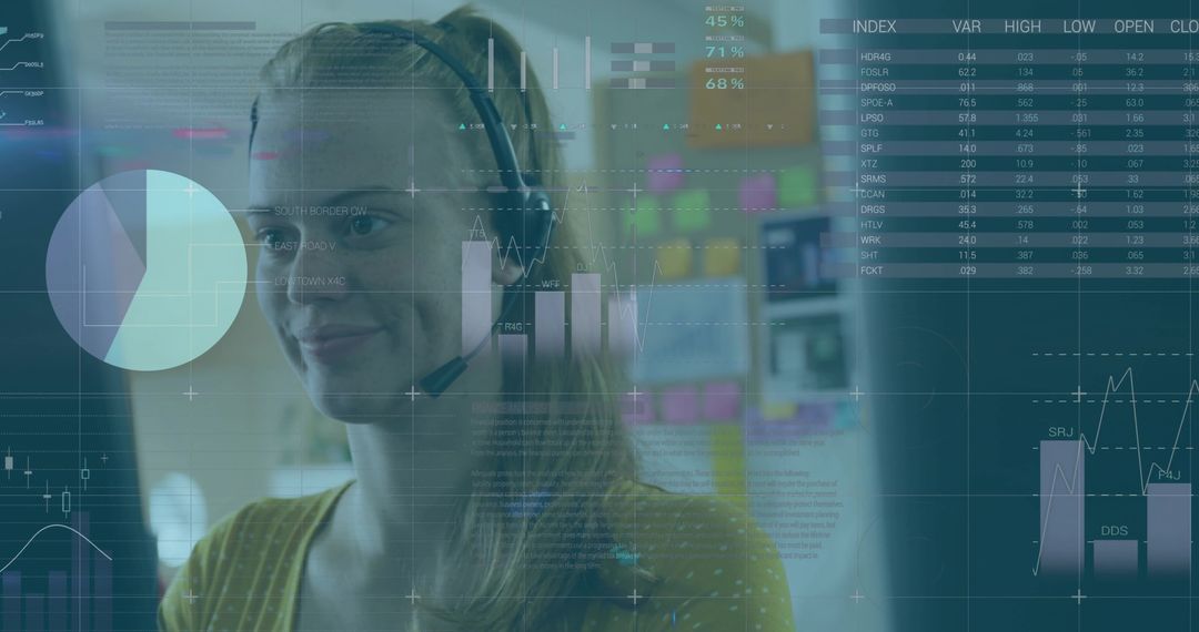 Answering Support Agent Wearing Mustard Dotted Top with Augmented Data Dashboard Overlay