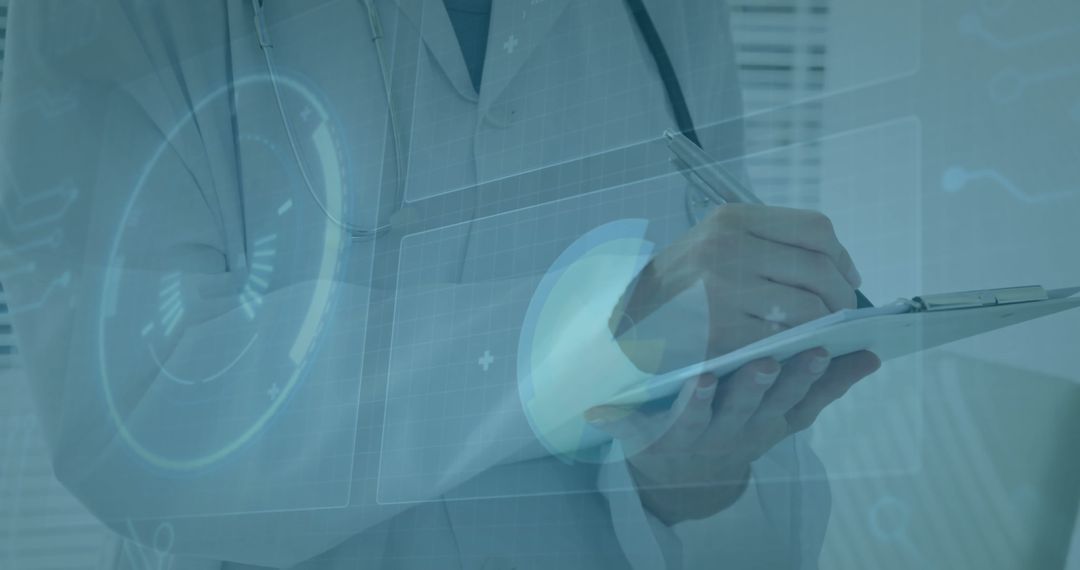 Doctor Analyzing Data on Digital Tablet with Futuristic Interface