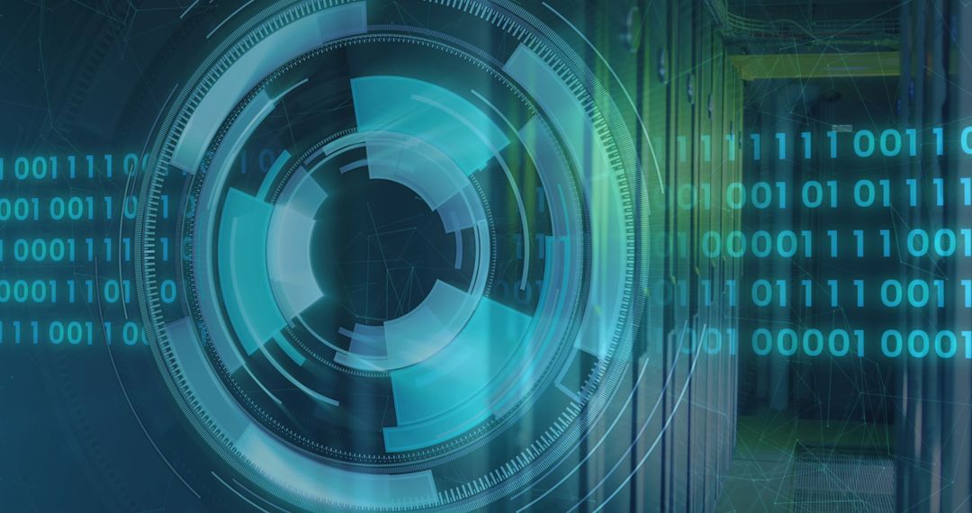 Futuristic Digital Interface Scanning Data in Server Room