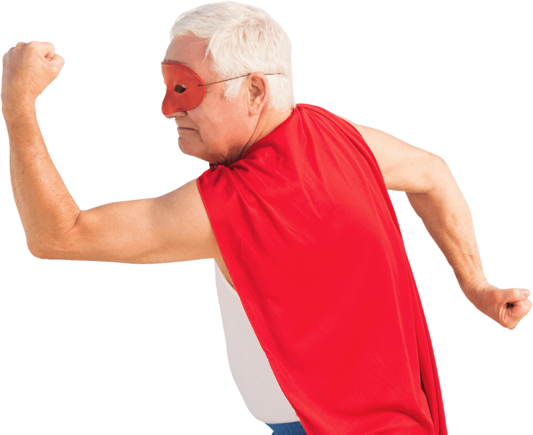 Senior Man Pretending to Be Superhero With Transparent Background
