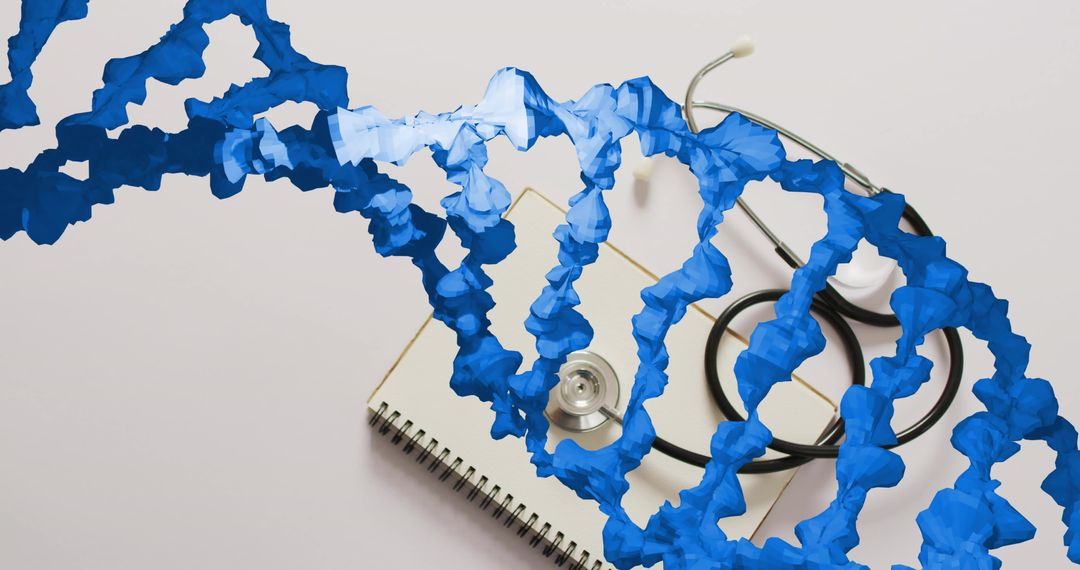 Blue DNA Helix Overlay with Stethoscope and Notebook Representing Medical Genetics