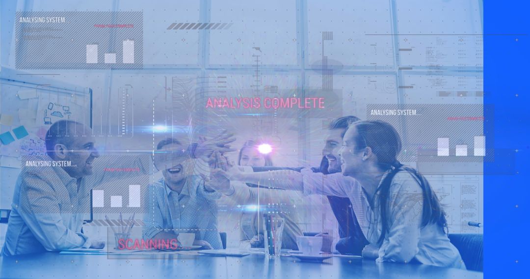 Collaborative Business Team High-Fiving Amid Digital Graphics