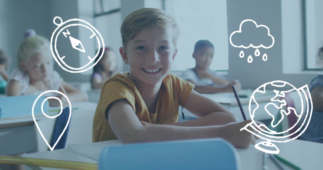 Happy Schoolboy Studying with Geography Icons in Classroom