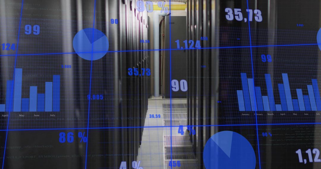 Data Center Aisle with Digital Infographics and Server Racks
