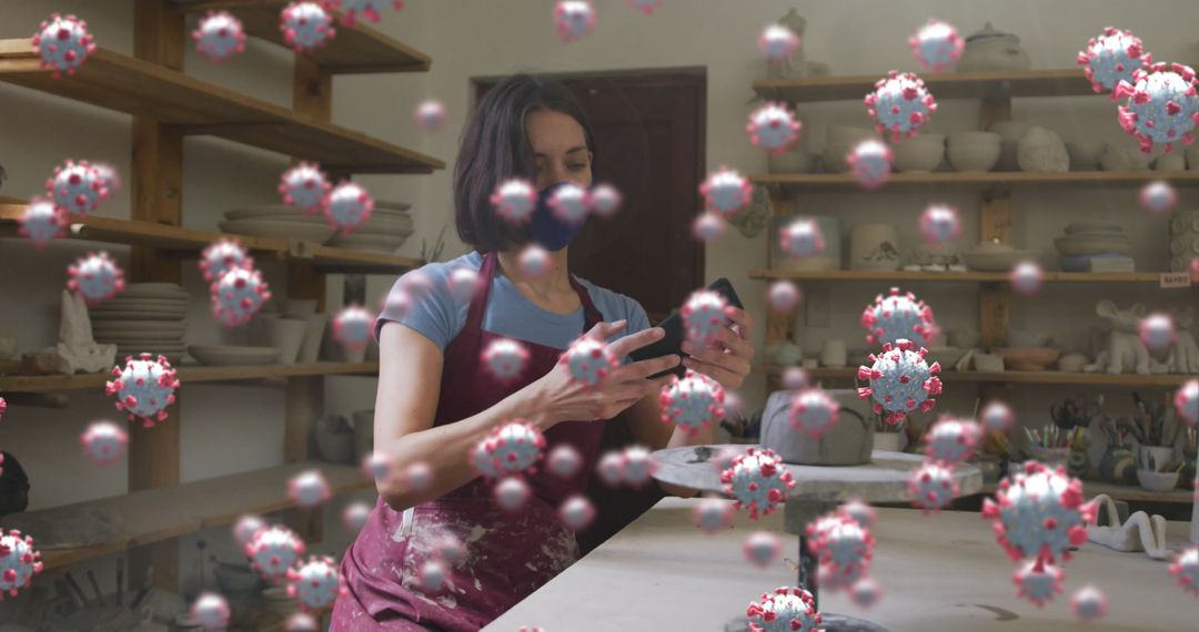 Potter Documenting Work Amid Floating Virus Illustrating Pandemic Influence