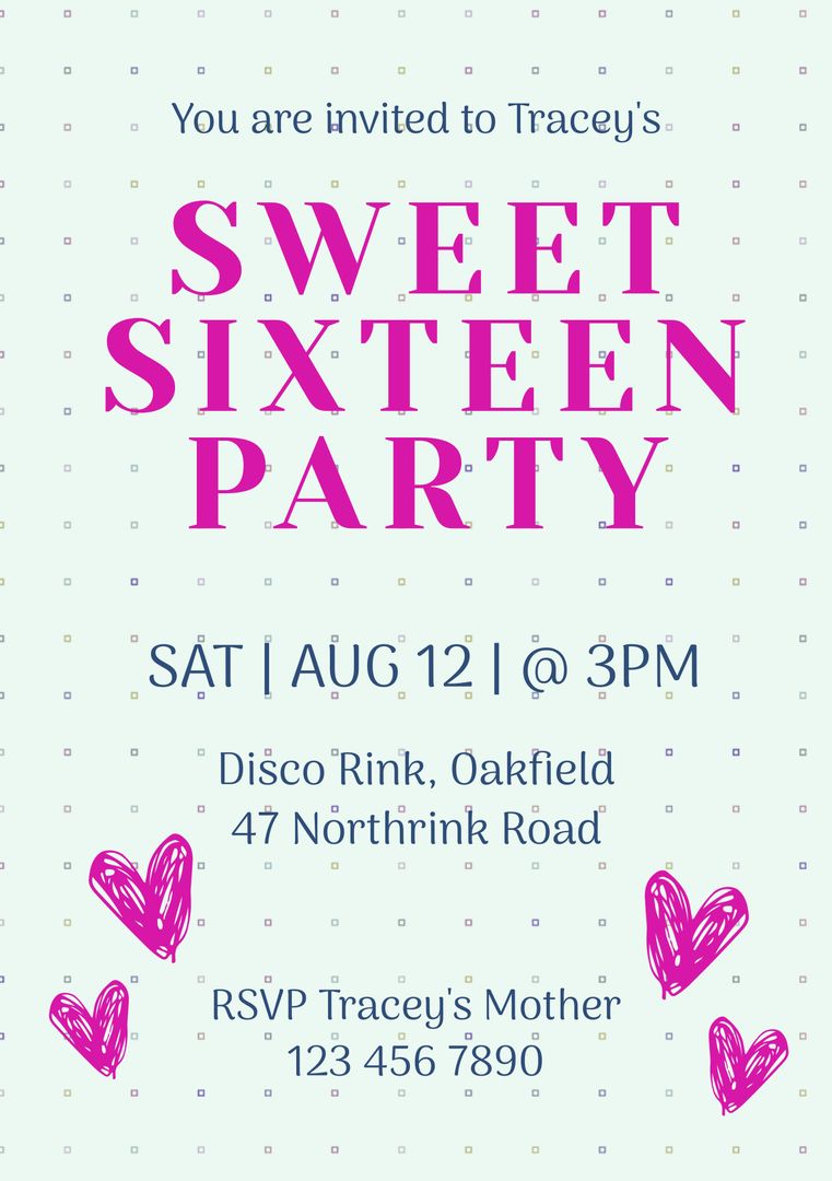 Sweet Sixteen Party Invitation with Pink Text and Hand-drawn Hearts - Download Free Stock Templates Pikwizard.com