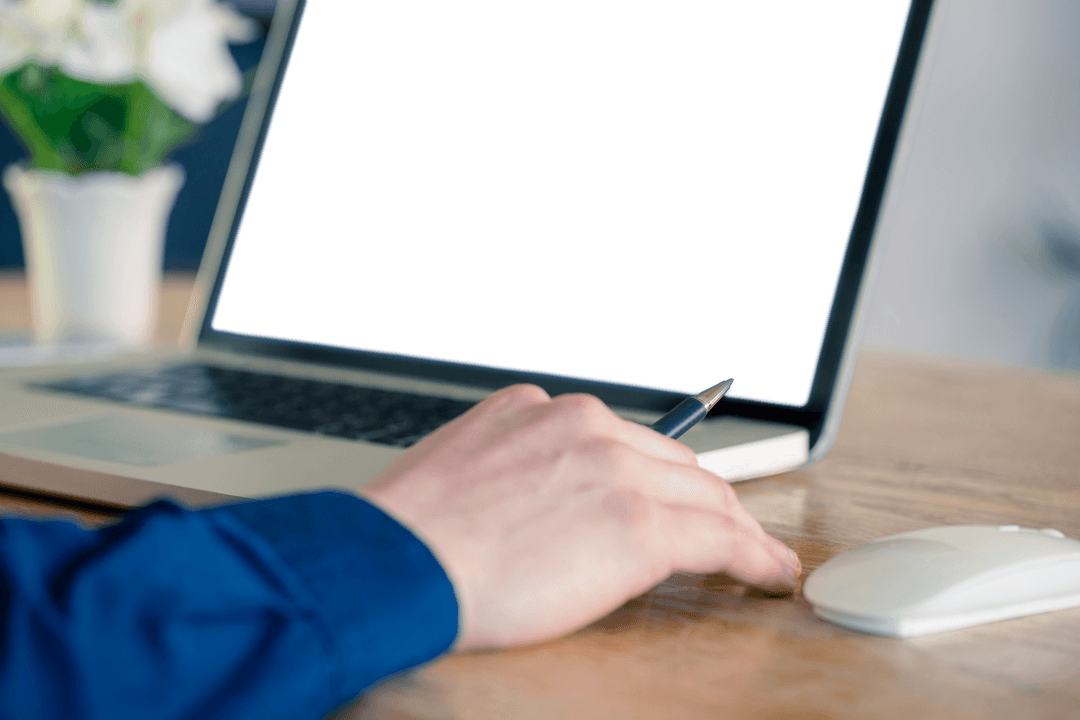 Businessman Hand Using Laptop in Office with Transparent Screen