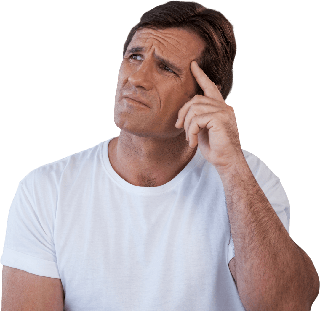 Mature Man in White T-Shirt Thinking with a Transparent Background