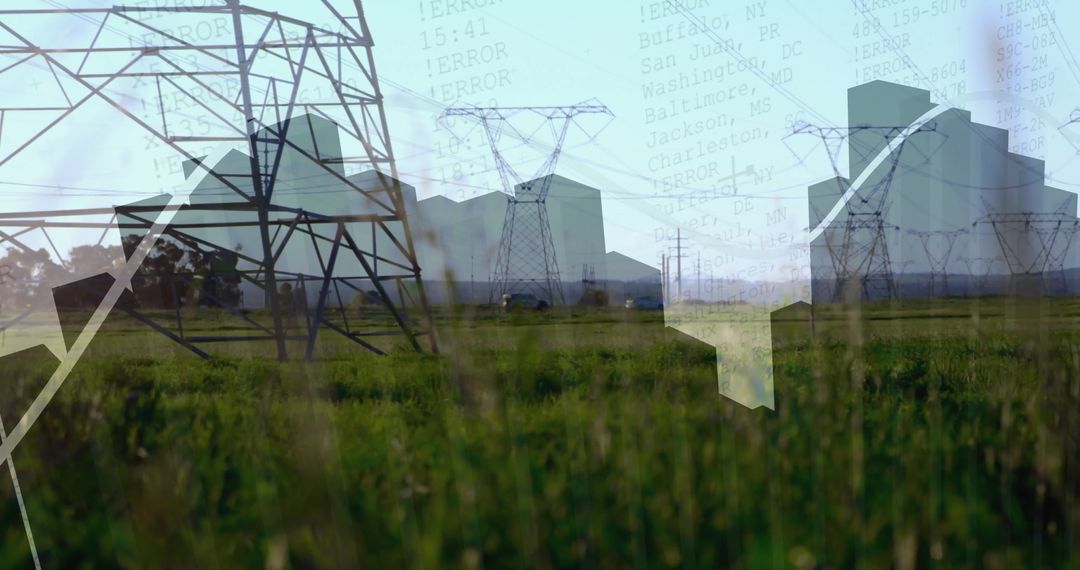 Transmission Towers with Data Overlay in Green Field
