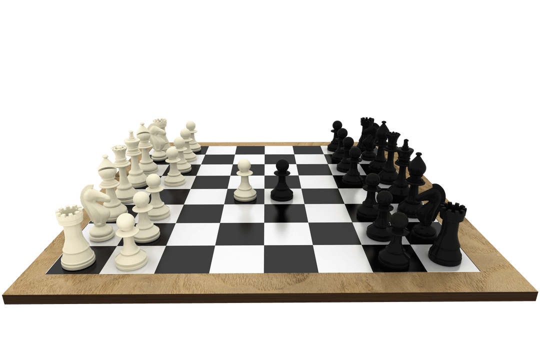 Strategic Chess Game with Detailed Black and White Pieces on Wooden Board