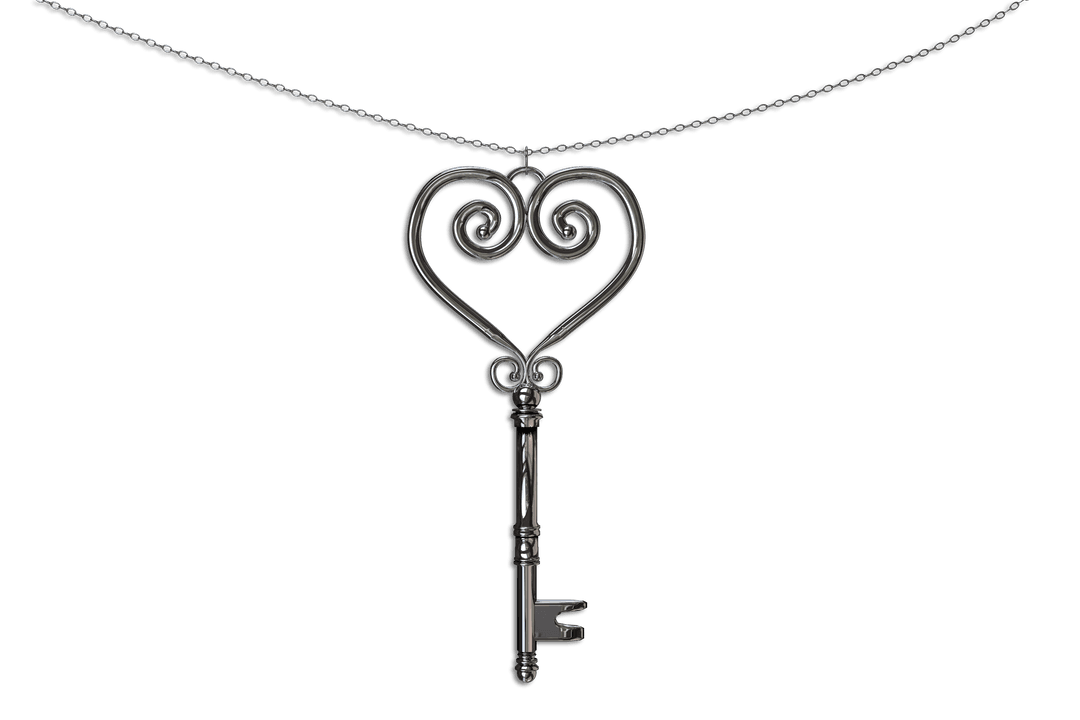 Silver Heart-Key Pendant on Transparent Background