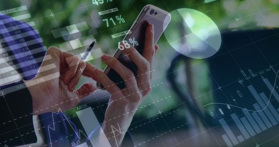 Businesswoman Analyzing Data on Smartphone with Digital Analytics Display