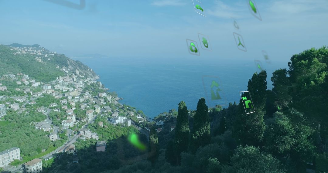 Digital Interface Overlay on Coastal Cityscape