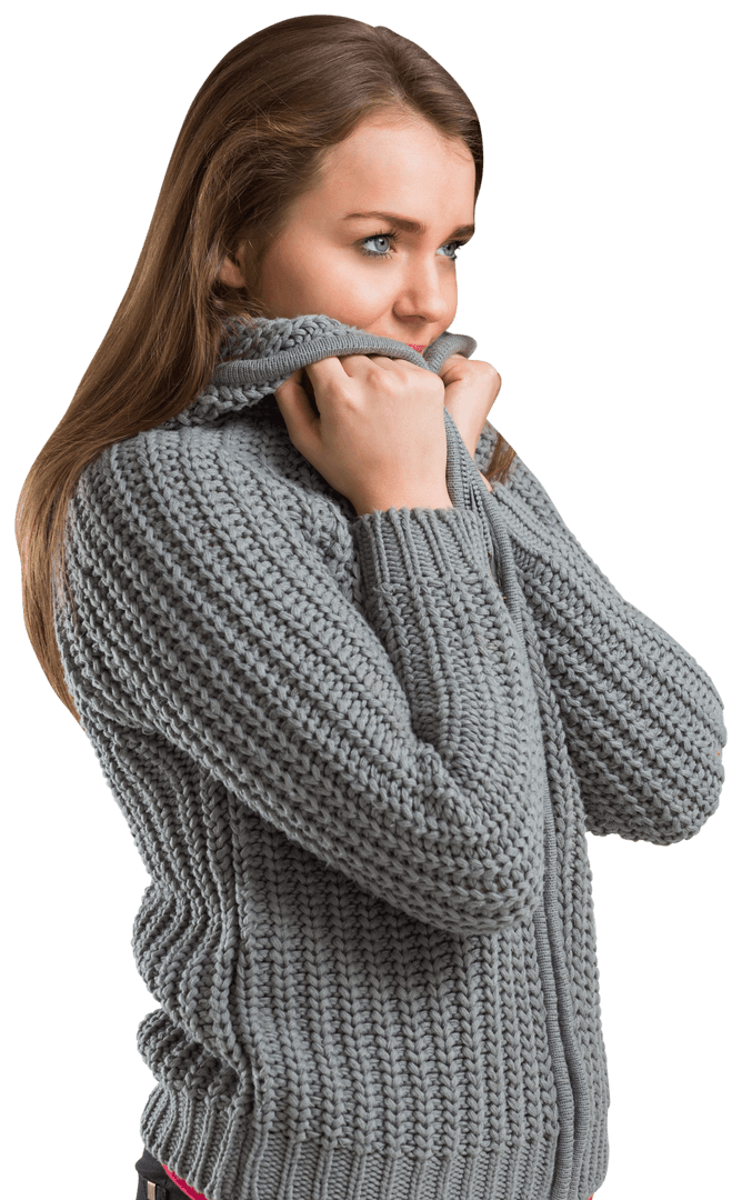 Woman in Gray Knitted Sweater Posing Isolated on Transparent Background