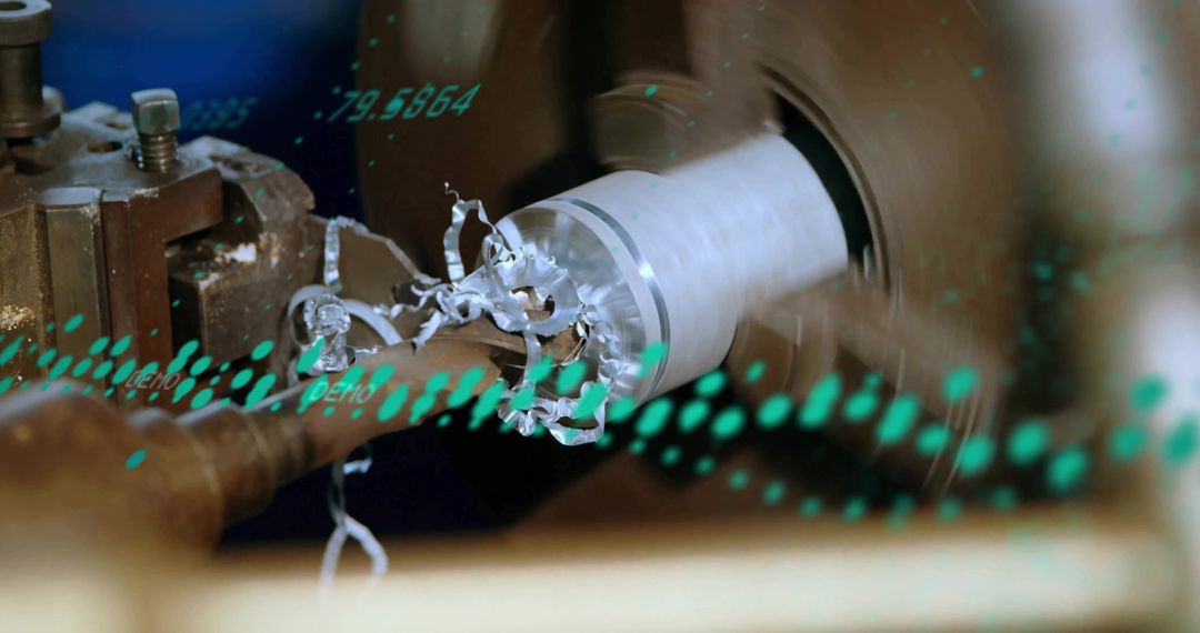High-Tech Metal Lathe with Real-Time Data Overlay in Action