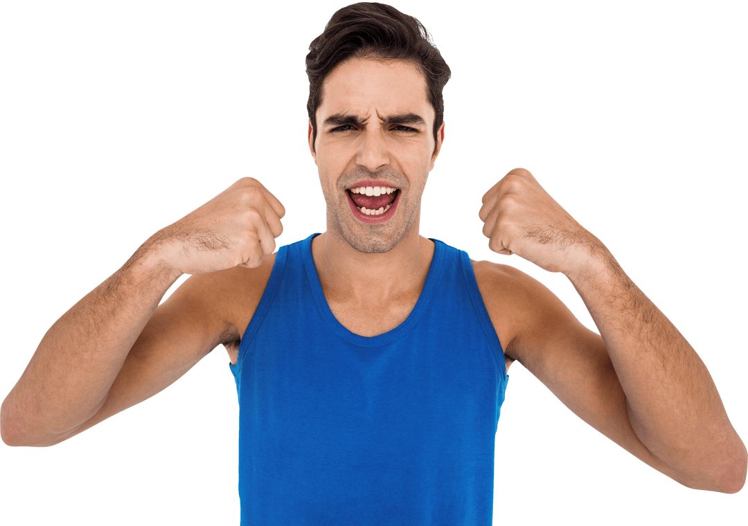 Smiling Man Flexing Muscles on Transparent Background