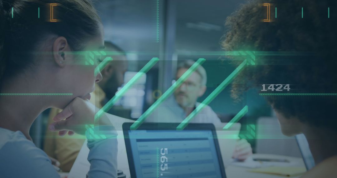 Business Team Analyzing Financial Data with Digital Interface Overlays