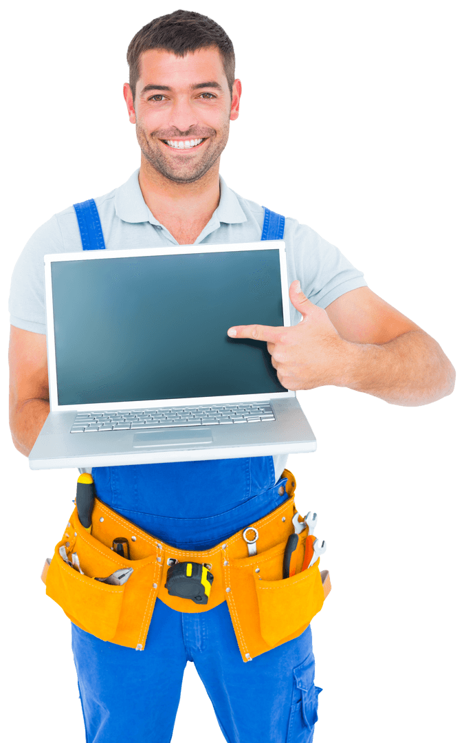 Transparent Repairman Highlighting Laptop With Tools Hanging